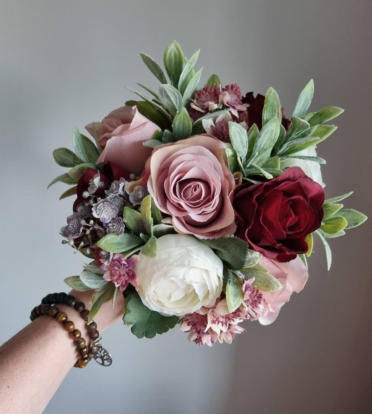 Burgundy, ivory, dusky, pink, grey & muted greenery artificial bridesmaid bouquet