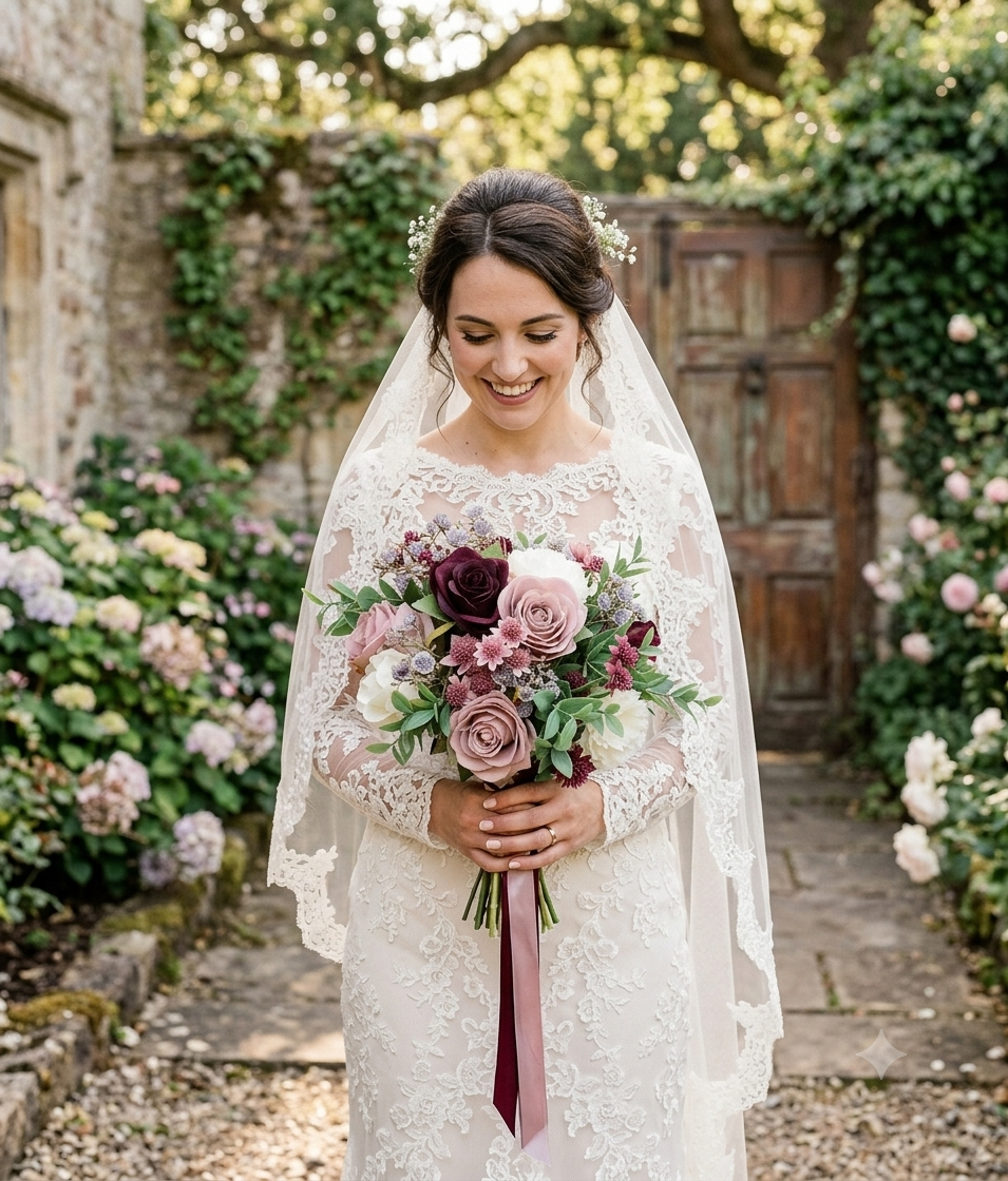 Burgundy, dusky pinks, ivory and muted green artificial wedding flowers