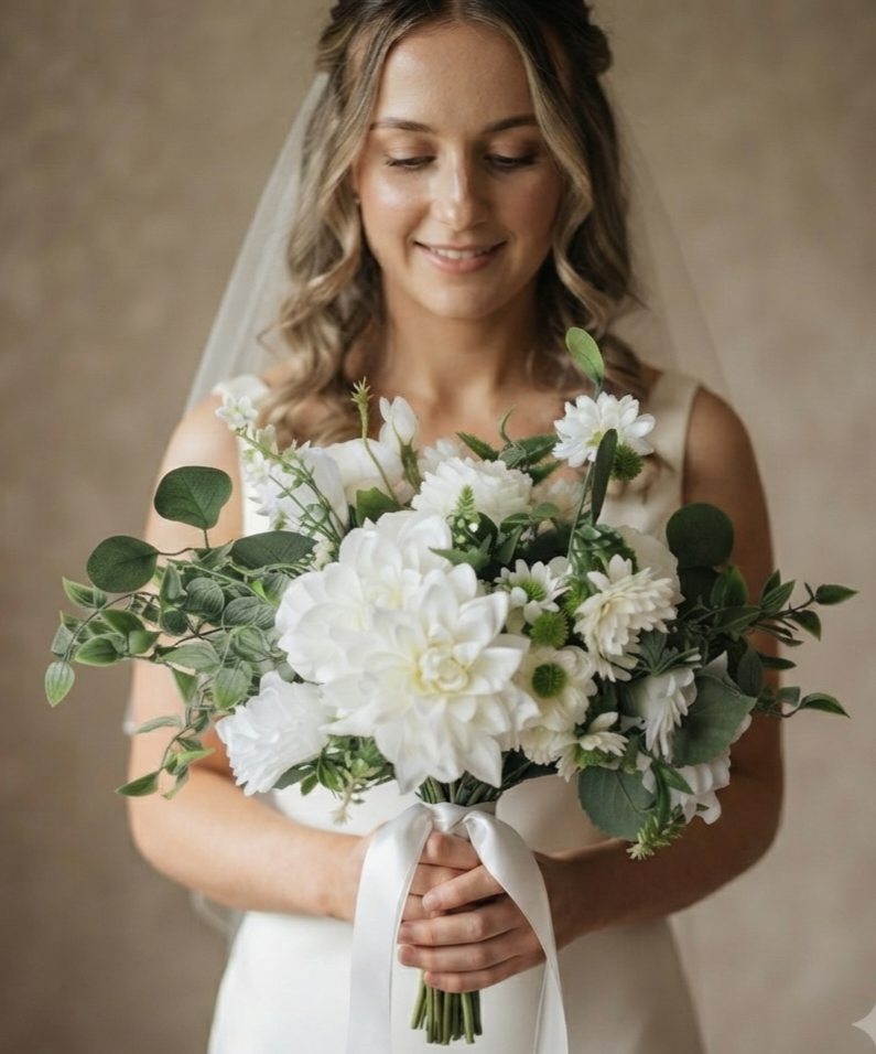 Ivory & green artificial wedding flowers