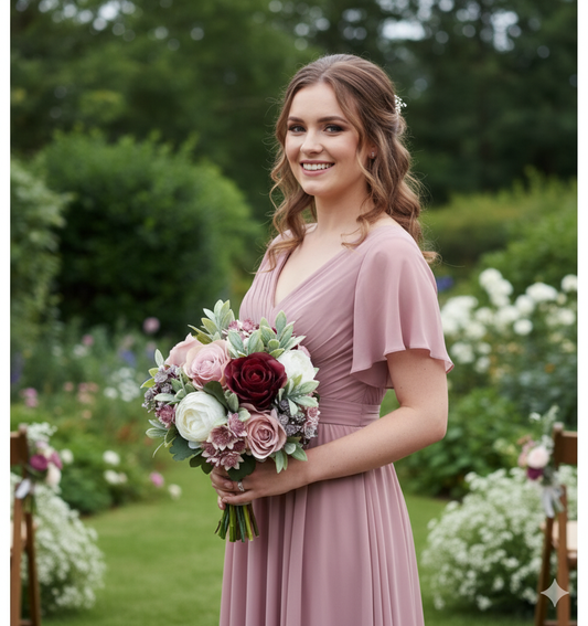 Burgundy dusky pink ivory and muted green artificial bridal wedding bouquet – faux flowers UK