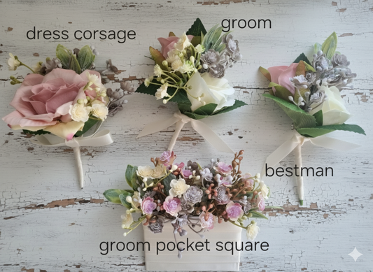 Blush pink ivory , sage green and grey artificial wedding buttonholes with pocket squares – faux flowers UK