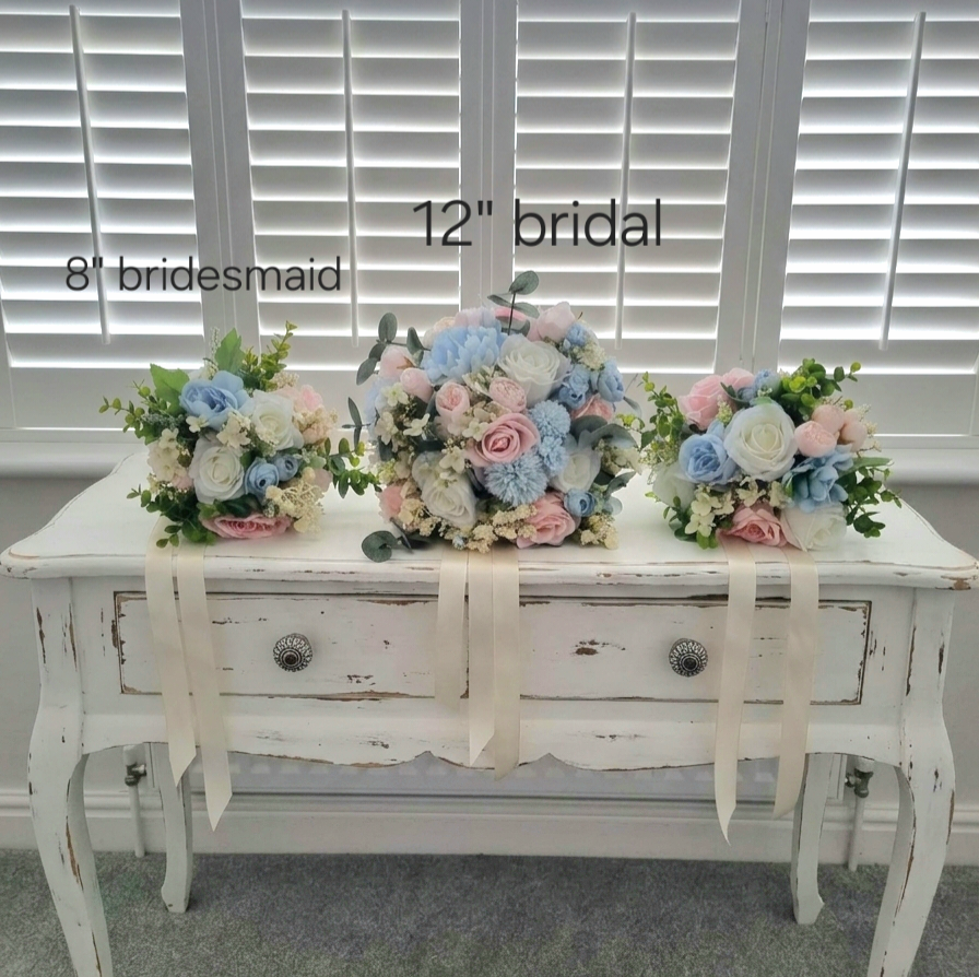 Baby pink pale blue and ivory artificial bridesmaid bouquet – faux wedding flowers UK