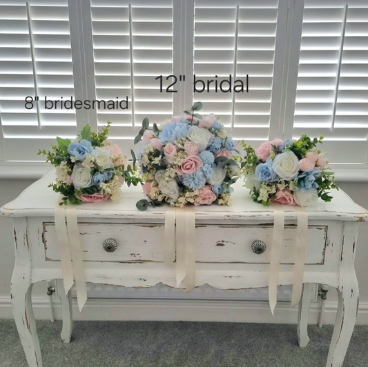 Baby pink pale blue and ivory artificial bridesmaid bouquet – faux wedding flowers UK