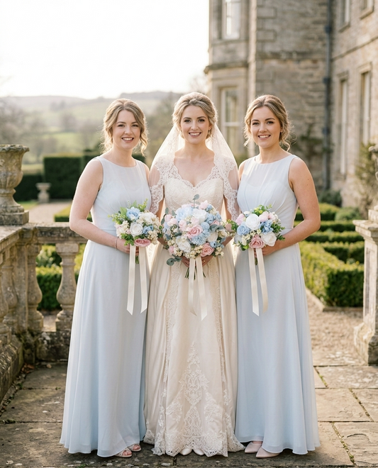 Baby pink and dusty blue artificial wedding bouquet – faux bridal flowers UK