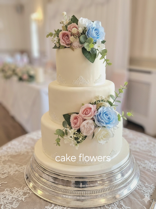 Baby pink pale blue and ivory artificial cake flowers – faux wedding cake decoration UK