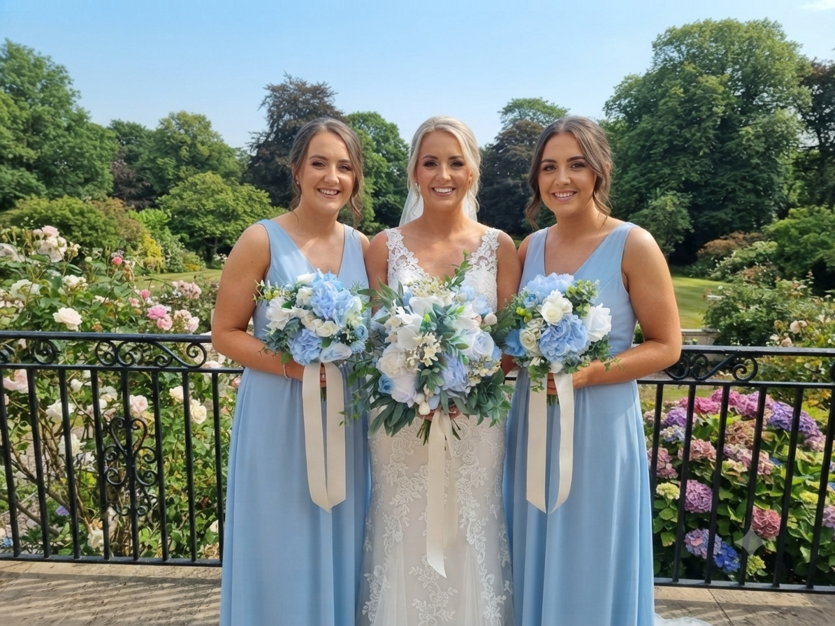 Light dusty blue and ivory artificial wedding bouquet – faux bridal flowers UK