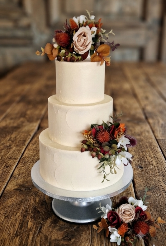 Autumn artificial cake flowers – burnt orange faux wedding cake decoration UK