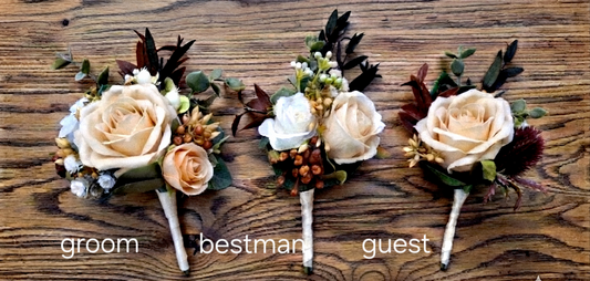 Autumn hues artificial wedding buttonholes – autumn faux flowers UK