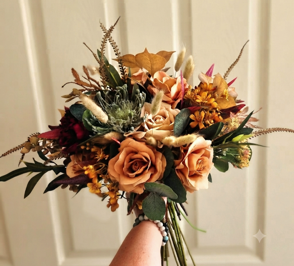 Artificial Autumn Wedding Bouquet: Burnt Orange Faux Flowers