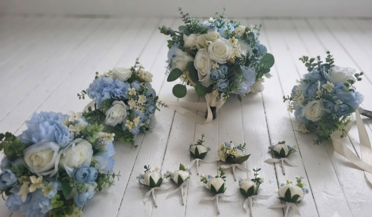 Dusty blue and ivory artificial bridesmaid bouquet – faux wedding flowers UK