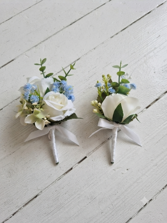 Dusty blue and ivory artificial wedding buttonhole – faux flowers UK