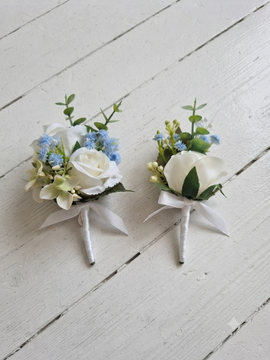 Dusty blue & ivory buttonholes & dress corsage