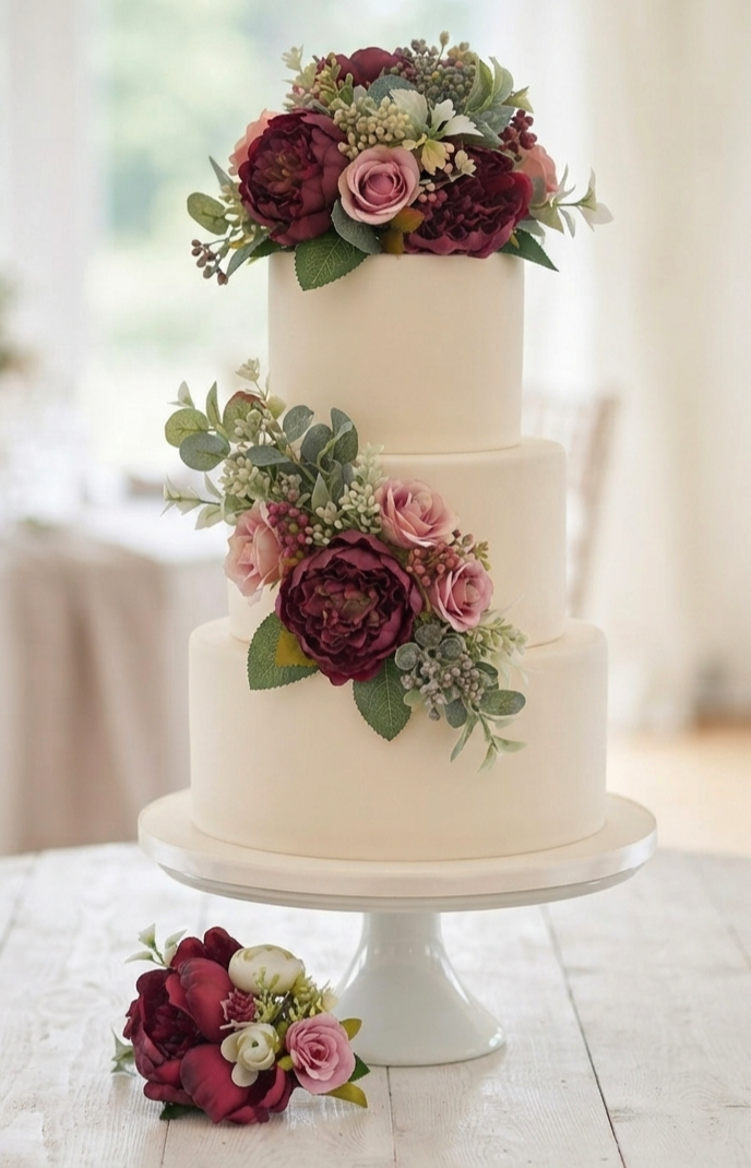 Burgundy ivory dusty pink and grey silk artificial cake flowers – faux wedding decoration UK