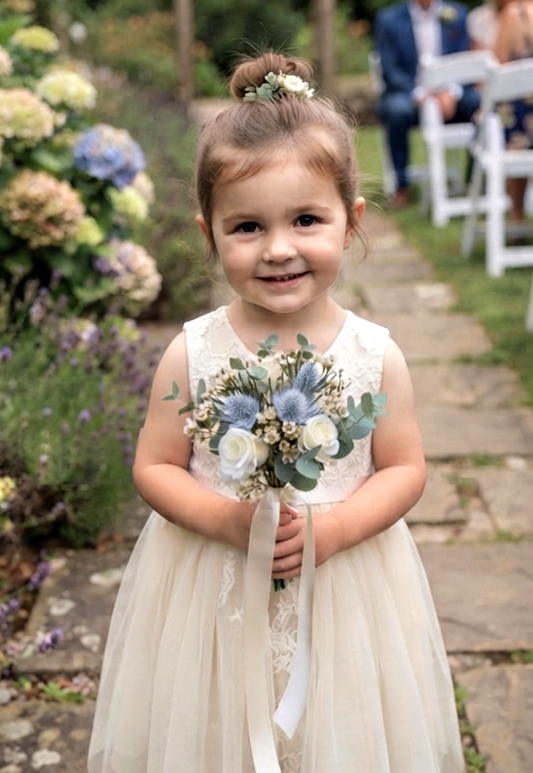 Roses and thistles artificial flowergirl posy – faux wedding flowers UK