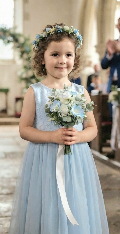 Dusty blue and ivory artificial flowergirl posy – faux wedding flowers UK