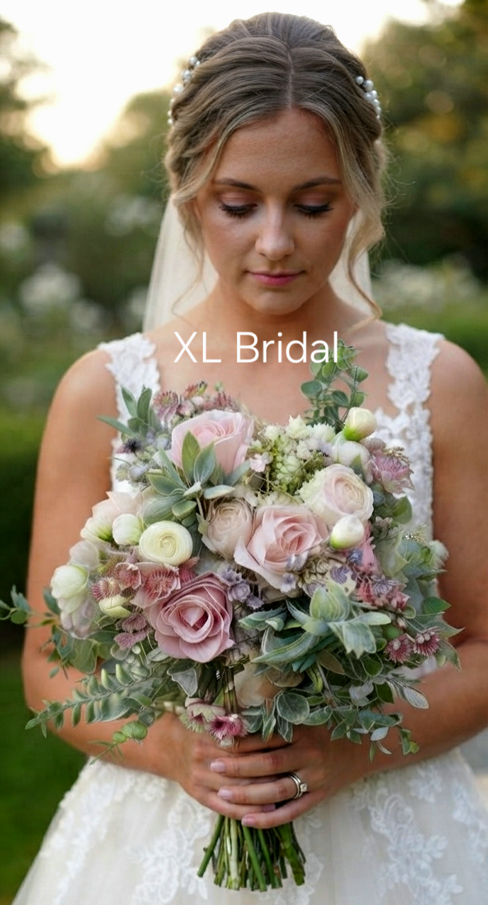 Blush & dusty pink, ivory, subtle grey & muted greenery XL faux bridal bouquet
