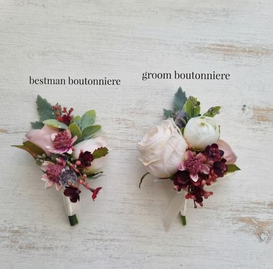 Burgundy, blush & ivory buttonholes