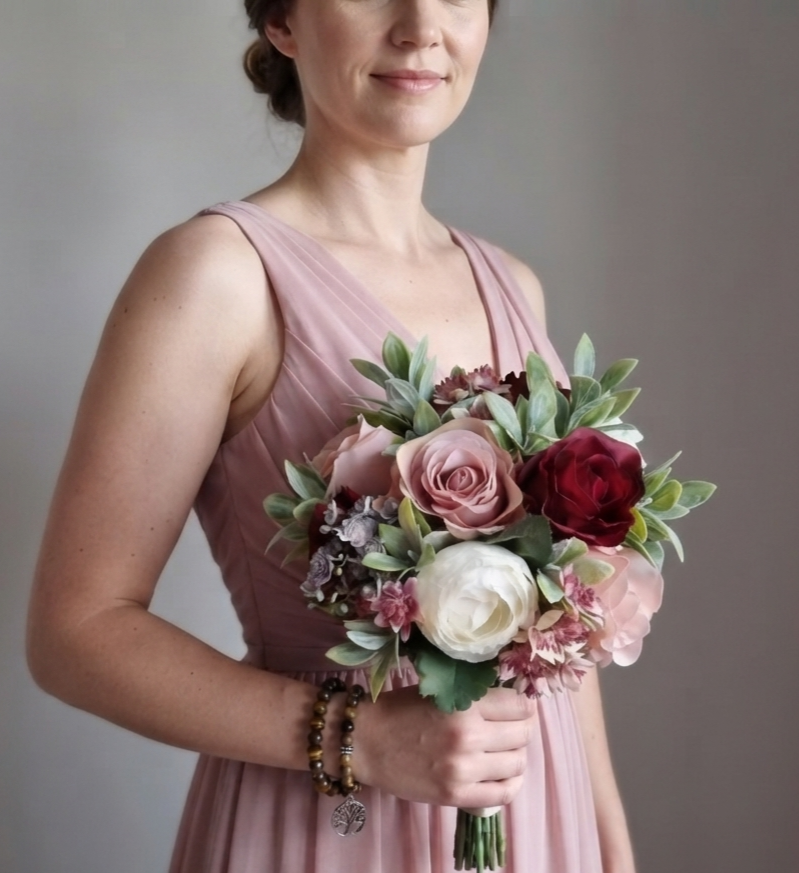 Burgundy, dusky pink and ivory bridesmaid bouquet