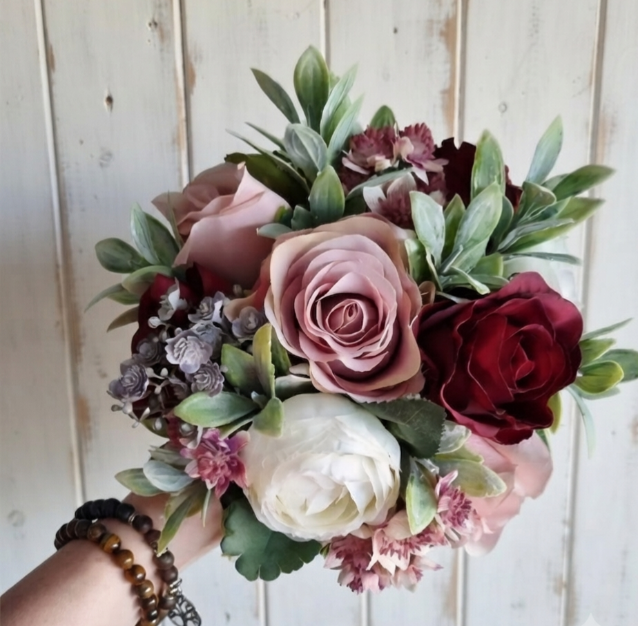 Burgundy, dusky pink and ivory bridesmaid bouquet