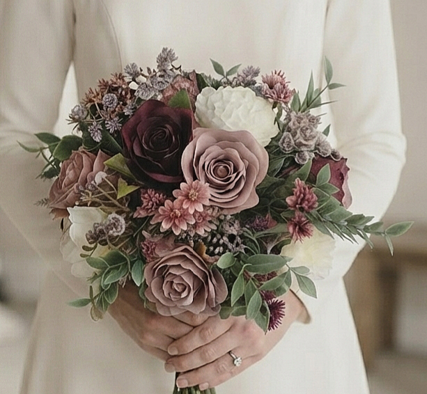 Burgundy, dusky pink, ivory & muted green artificial bridal wedding bouquet