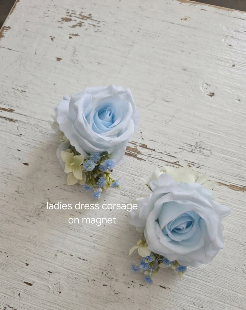 Dusty blue & ivory buttonholes & dress corsage