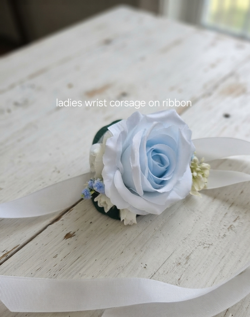 Dusty blue & ivory buttonholes & dress corsage