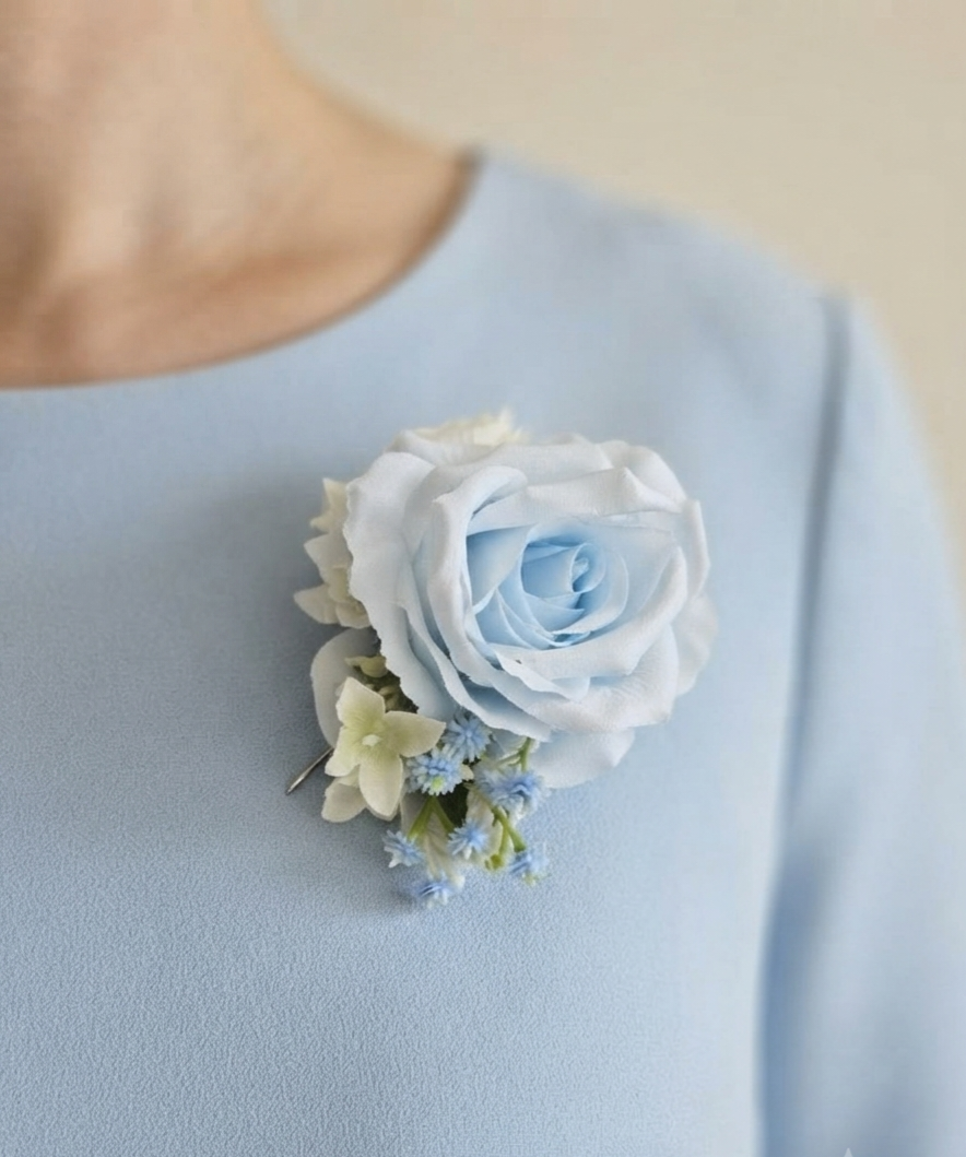 Dusty blue & ivory buttonholes & dress corsage