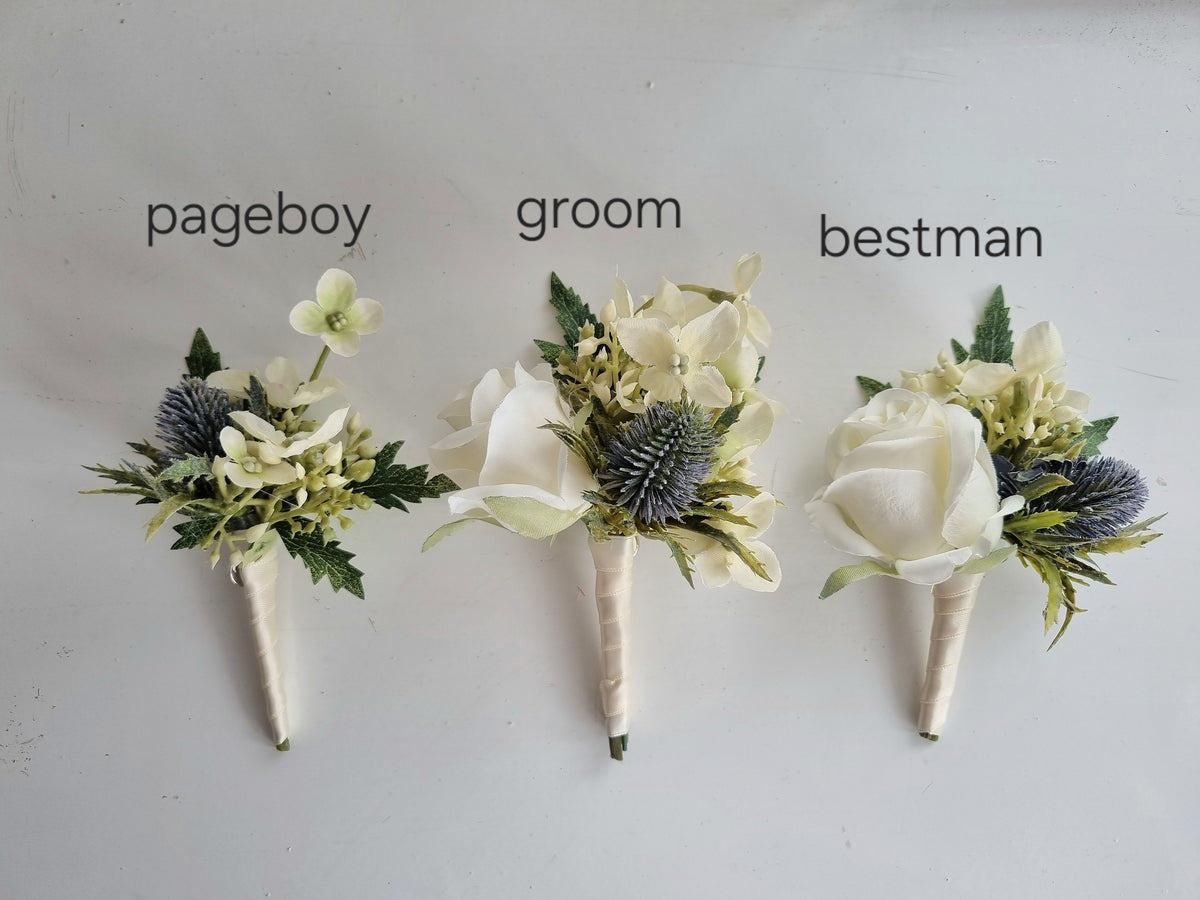 Roses and thistles artificial wedding buttonhole – faux flowers UK