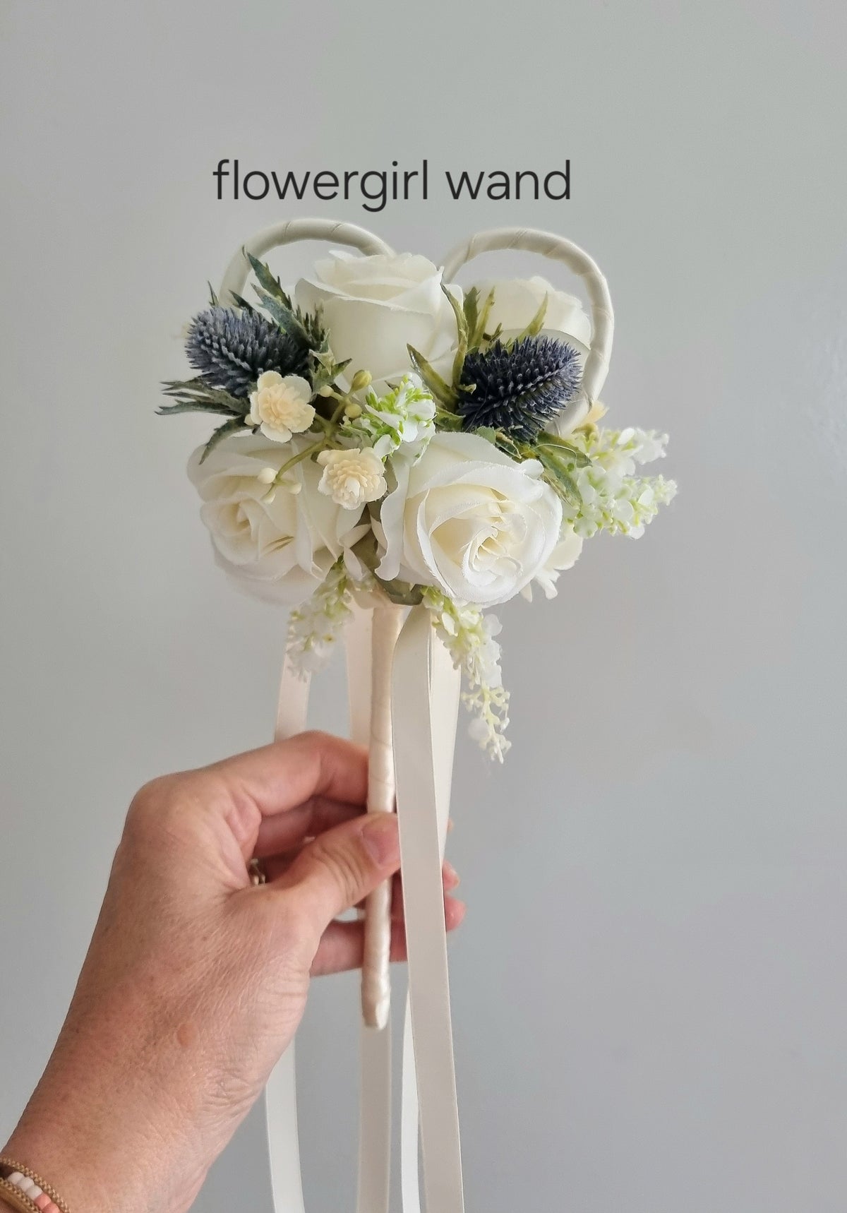 Roses and thistles artificial flowergirl wand – faux wedding flowers UK
