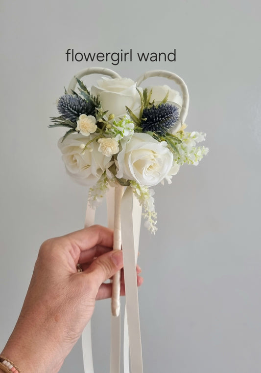 Roses and thistles artificial flowergirl wand – faux wedding flowers UK