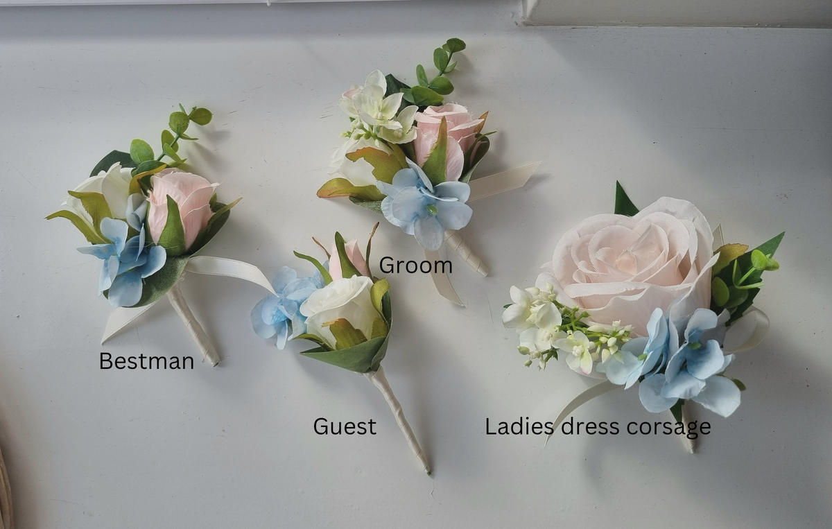 Baby pink light blue and ivory artificial wedding buttonholes  and corsages – faux flowers UK