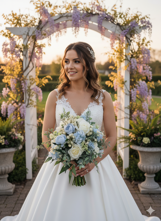 Light dusty blue ivory silk bridal bouquet – artificial wedding flowers uk