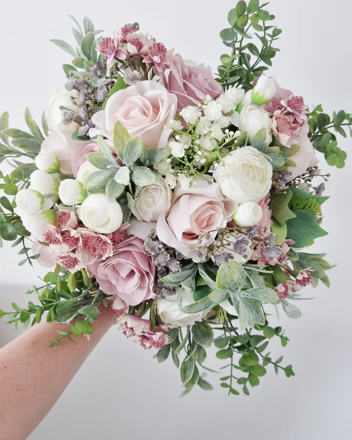Blush pink , ivory and sage green artificial wedding bouquet – faux bridal flowers UK