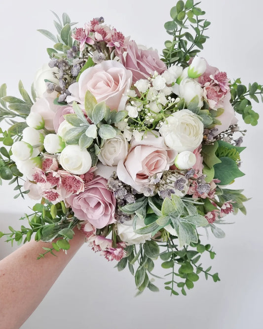 Blush pink , ivory and sage green artificial wedding bouquet – faux bridal flowers UK